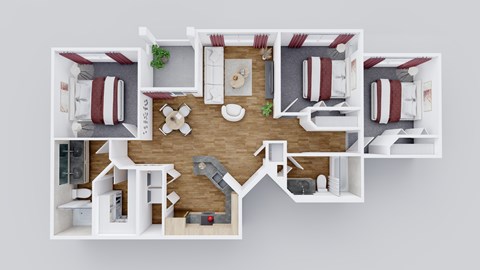 Floor plan for 3 beds, 2 baths, 1165 sqft